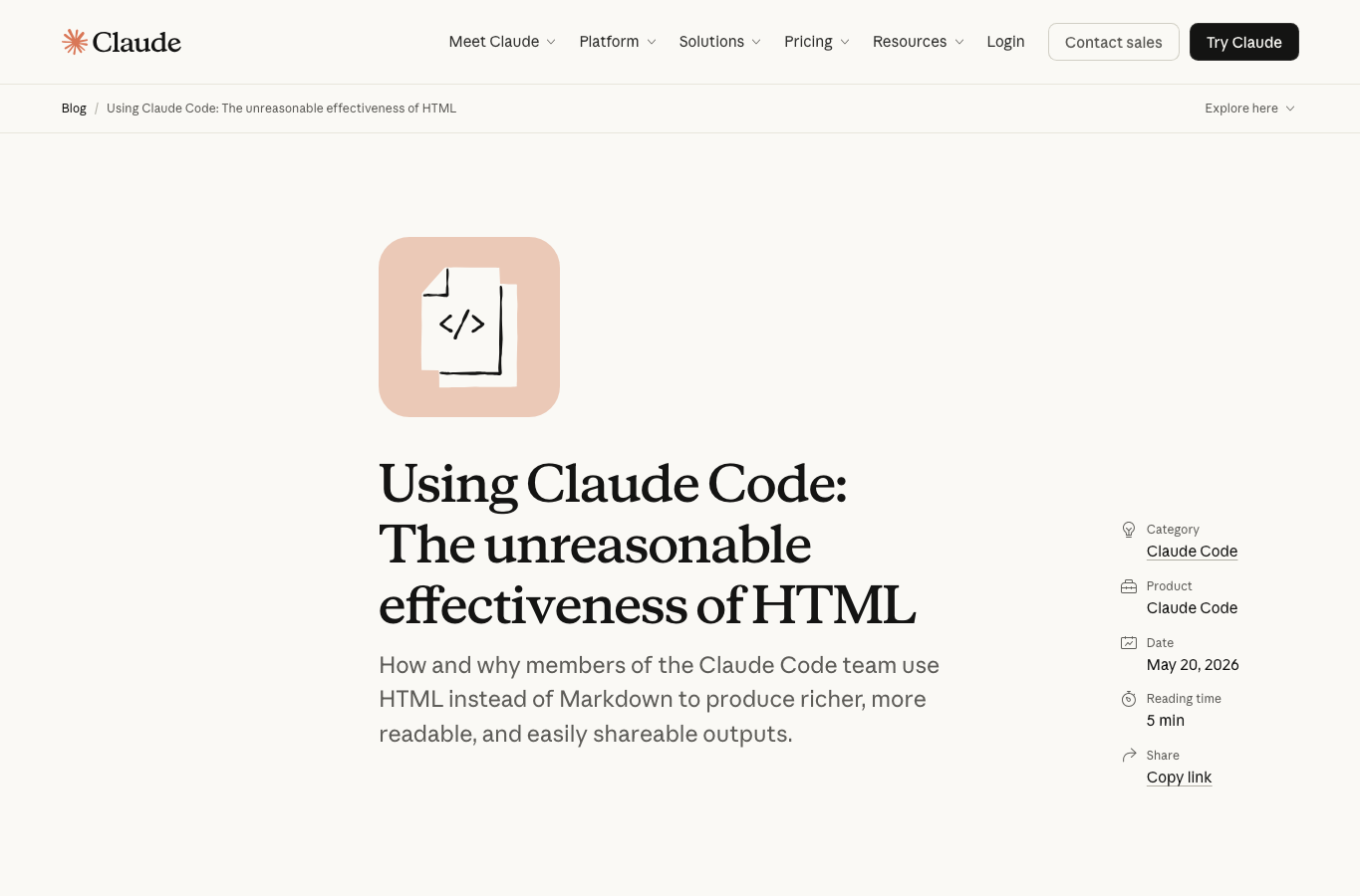 Claude 官方博客关于 HTML 输出的文章截图