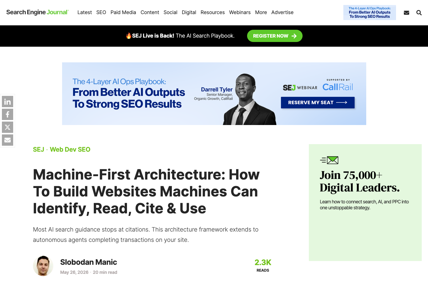 Search Engine Journal 关于 machine-first architecture 的文章截图