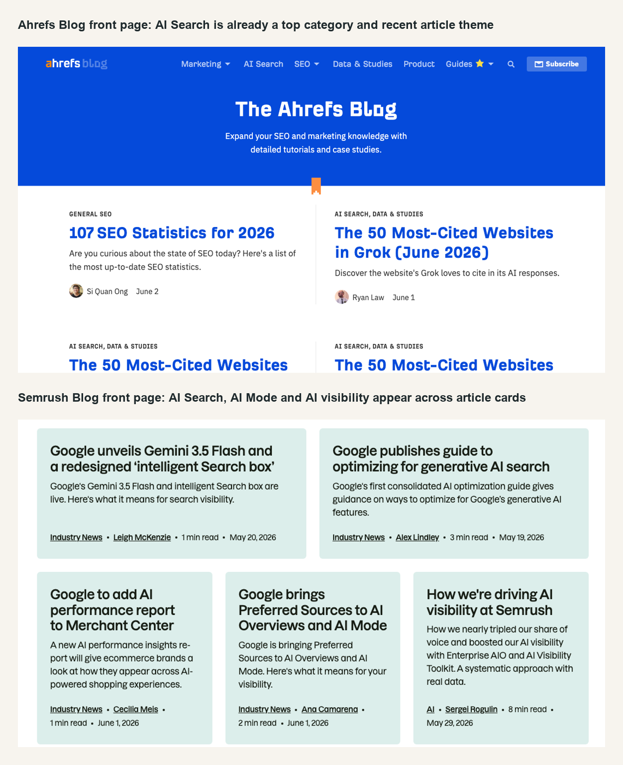 Ahrefs 和 Semrush 信息源中出现 AI Search 相关内容的页面截图